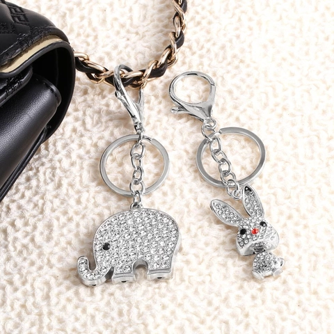 Porte-Clés Animal Strass Éléphant Lapin Alliage Zinc Cristal Charme Sac Accessoire Voiture Mignon Luxe Pour Femme
