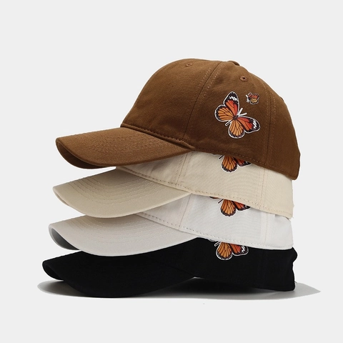 Gorra De Béisbol De Algodón Para Mujer Bordado De Mariposa Visera Curva Ajustable Moda Protección Solar Aire Libre Sombrero