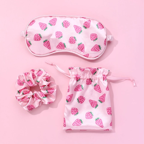 Strawberry Pattern Satin Sleep Eye Mask Hair Tie And Storage Bag Breathable Blackout Eyemask For Women Kids Pink Sweet