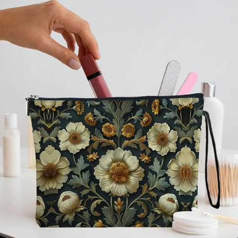 Vintage Blumen Make-up Tasche Leinen Polyester Kosmetiktasche Reißverschluss Kulturbeutel Organizer Mit Handschlaufe Für Damen