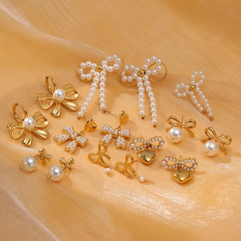 Fashion Bowknot Artificial Pearl Earrings For Women Stainless Steel Gold Plated Heart Stud Earrings Luxury Versatile Jewelry Gift