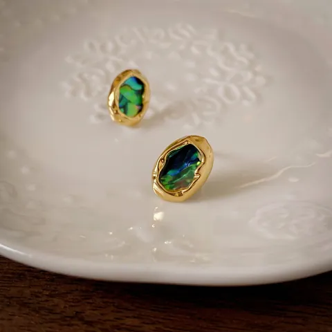 Boucles D'oreilles Puces Ovales Irrégulières Avec Incrustation De Coquille D'abalone Et Tige En Argent Sterling 925 Style Rétro