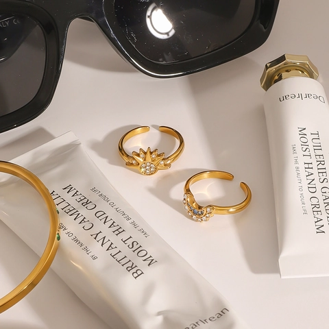 Sonnen Mond Ring 18K Vergoldeter Edelstahl Zirkonia Offen Verstellbar Böhmischer Trendiger Schmuck Für Frauen