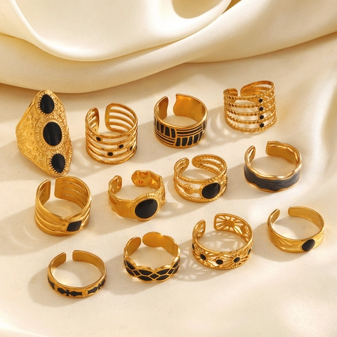Böhmischer Vintage Ring 18K Vergoldet Edelstahl Schwarzes Emaille Tropföl Geometrischer Hip Hop Modeschmuck Für Damen