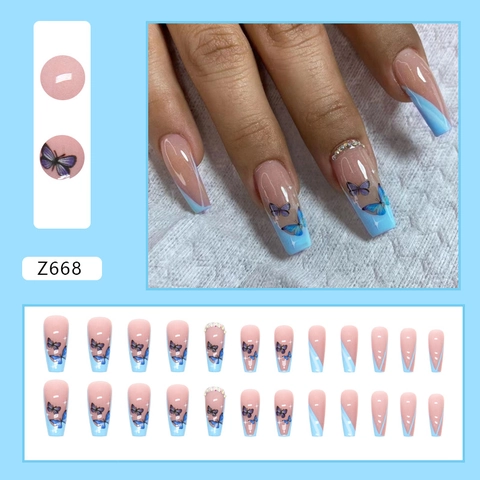 Faux Ongles Press On Cercueil Pointes Françaises Bleues Motif Papillon Avec Strass Style Ins Doux Longs Ongles