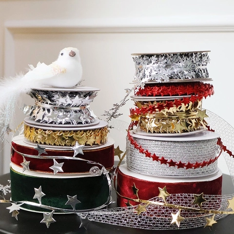 Ruban Noël Étoile Flocon De Neige Guirlande DIY Matériel Couronne Velours Bordure Dorée Maille Pour Décoration Sapin