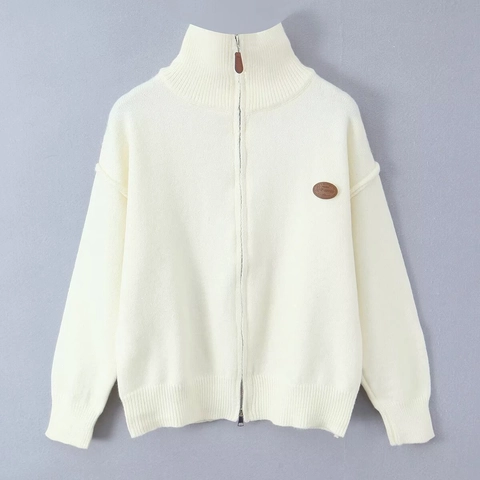 Women Knitted Cardigan Stand Collar Full Zipper Long Sleeve Sweater With Leather Patch Casual Warm Solid Color Top