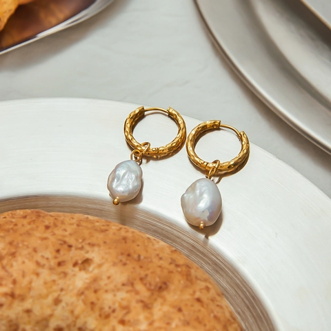 Artificial Baroque Pearl Earrings Stainless Steel Gold Hammered Hoop Stud Ear Cuff Waterproof Hypoallergenic Jewelry For Women