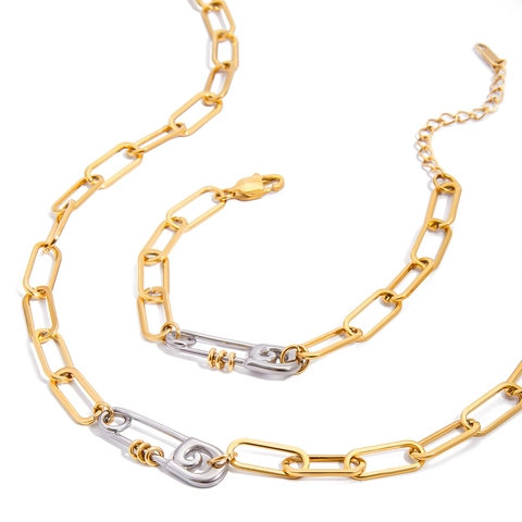 Set Di Gioielli In Acciaio Inossidabile Da Donna Bicolore Oro Argento Catena A Graffetta Ciondolo A Spilla Collana E Bracciale