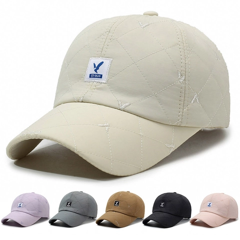 Quilted Baseball Cap Warm Winter Diamond Pattern Polyester Adjustable Back Bird Logo Patch Korean Style Women Men