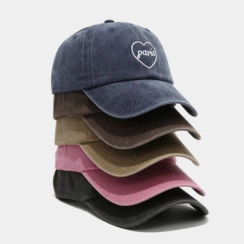 Cappello Da Baseball In Cotone Lavato Vintage Ricamo Cuore Parigi Cappello Da Sole Retro Regolabile Unisex