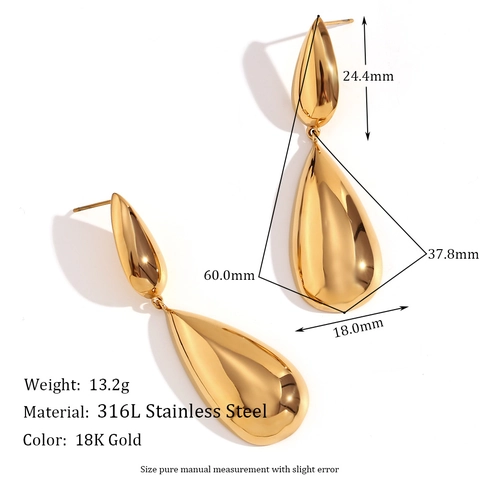 Französische Vintage Edelstahl Wassertropfen Ohrringe 18K Vergoldet Geometrische Hochglanzpolierte Ohrhänger Für Damen