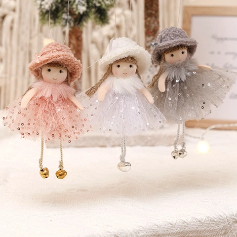 Christmas Angel Girl Ornaments Plush Fairy Doll Pendants With Sequin Mesh Dress And Hanging Bells For Xmas Tree Home Decor