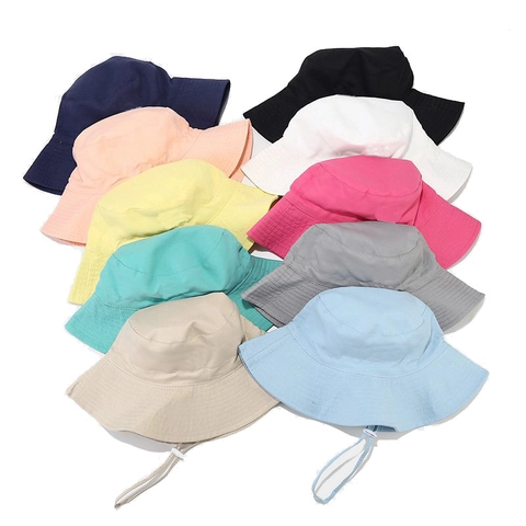 Kids Bucket Hat Polyester Sun Protection Summer Outdoor Breathable Windproof Adjustable Strap Foldable Solid Color Toddler