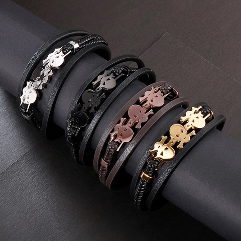 Bracciale Da Uomo In Vera Pelle Intrecciata Acciaio Inossidabile Teschio Punk Rock Bangle Multistrato Chiusura Magnetica Gioielli Gotiche
