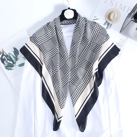 Sciarpa Quadrata Pied De Poule Satin Di Twill Foulard Retrò Elegante Bandana Grande Avvolgente Per Il Collo Donna Hijab