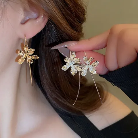 French Irregular Floral Drop Earrings With Silver Earring Post Elegant Metal Flower Long Hook Ear Jewelry For Women