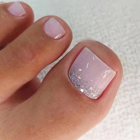 Faux Ongles Pieds Lavande Violet Argent Paillettes Dégradé Court Carré Pour Femmes Décoration Pied Été