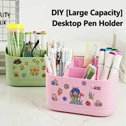 Desk Organizer Pen Holder Plastic Multi Compartment DIY Cartoon Sticker Desktop Stationery Storage Box Student Office