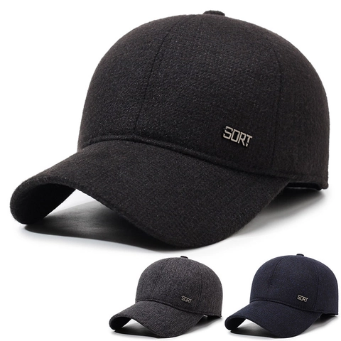 Men Winter Baseball Cap Thick Woolen Fabric Warm Ear Protection Peaked Hat With Sort Metal Label Adjustable Outdoor