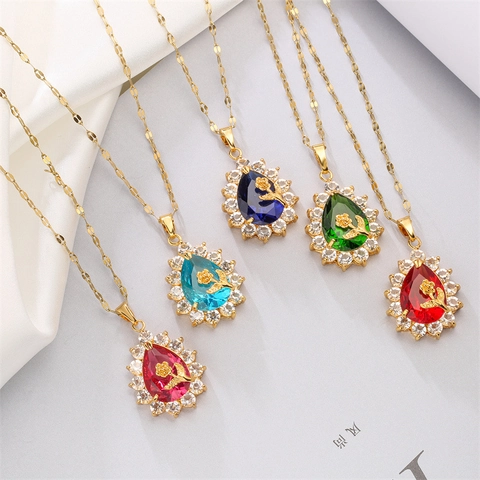 Vintage Roos Bloem Waterdruppel Edelsteen Hanger Ketting Koper Zirkoon Micro Pave Elegante Sieraden Voor Dames