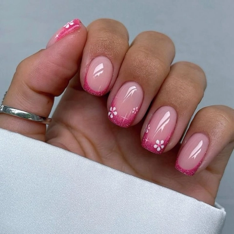 French Press On Nails Pink Glitter White Flower Pattern Square Round Medium Length False Nails For Women