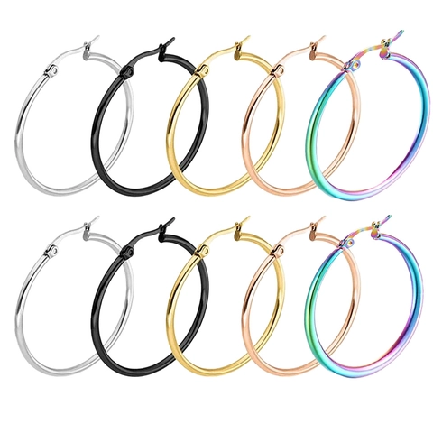 Stainless Steel Hoop Earrings Polished Minimalist High Fashion Jewelry Round Circle Latch Back For Women Men