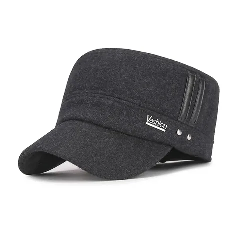 Berretto Cadet Uomo Inverno Caldo Lana Cappello Piatto Con Paraorecchie Regolabile Antivento Stile Militare