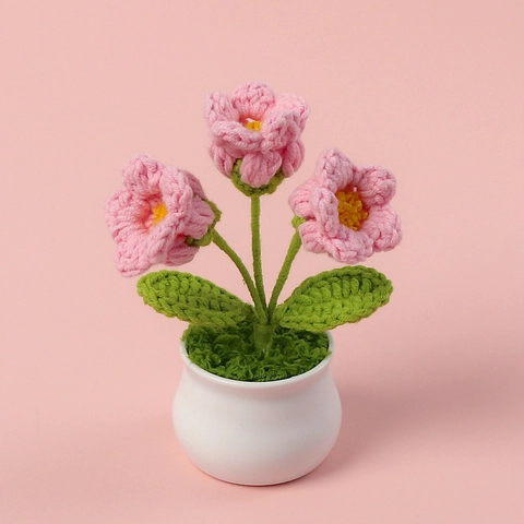Handmade Crochet Lily of the Valley Artificial Potted Flower Yarn Knitted Bellflower Desk Decor Home Ornament Gift For Women