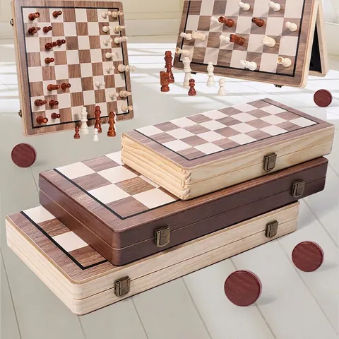 Wooden Chess And Checkers Magnetic Foldable Portable Storage Tabletop Educational Game Extra Queens For Kids And Adults