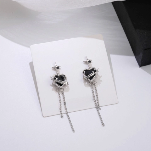 Quasten Kette Ohrringe Mit Schwarzem Herz Und Sternenkreuz Legierung Mit 925 Sterling Silber Stecker Gothic Sweet Cool Stil Schmuck