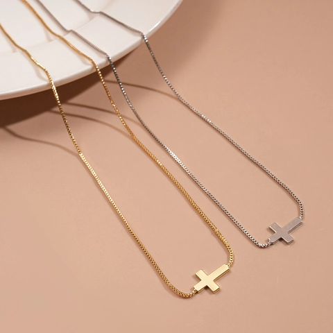 Collana Con Pendente A Croce Orizzontale Minimalista Rame Placcato Oro 18K Catena Box Gioielli Da Donna