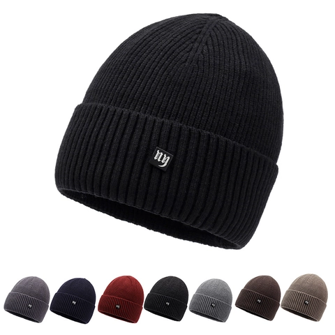 Ribbed Knitted Beanie Acrylic Warm Winter Hat Cuffed Letter Patch Hip Hop Outdoor Unisex Simple Versatile