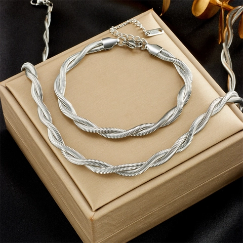 Necklace And Bracelet Stainless Steel Twisted Snake Chain Minimalist Vintage Braided Jewelry For Women Silver Color