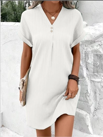 Women's V-Neck Short Sleeve Casual Dress Ribbed Knit Solid Color Loose Fit A-Line Summer Dress with Buttons Decoration