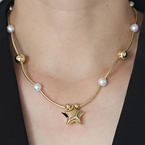 Damen Anhänger Halskette Kupfer Messing Kunstperle Herz Stern Blau Edelstein Schleife Trendy Schmuck