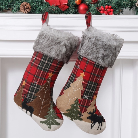 Calcetín De Navidad Cuadros Rojos Borde De Peluche Reno Árbol De Navidad Aplique Bolsa De Regalo Decoración Chimenea Rústico