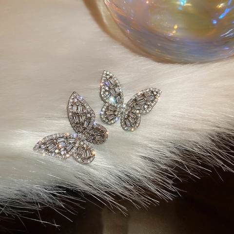 Butterfly Stud Earrings With Alloy Zircon Inlay And Silver Earring Post Sparkling Ins Style Trendy Jewelry For Women
