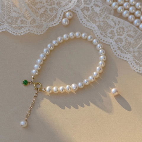 Pulsera De Perlas De Agua Dulce Con Colgante De Piedra Esmeralda Acero De Titanio Chapado En Oro Cadena Ajustable Mujer
