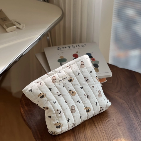 Trousse De Maquillage En Coton Matelassé Imprimé Animal Dessin Animé Pochette De Rangement Souple Pour Articles De Toilette