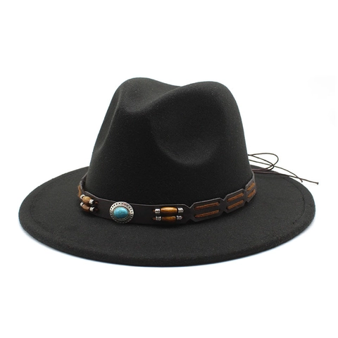Καπέλο Fedora Με Φαρδύ Γείσο Ethnic Bohemian Style Με Τυρκουάζ Ξύλινες Χάντρες Δερμάτινη Ζώνη Vintage Τσόχινο Καπέλο