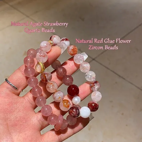Bracciale Di Perline In Agata Naturale Quarzo Fragola Con Perla D'acqua Dolce Quarzo Ematoide Rosso Gioielli Elastici Donna