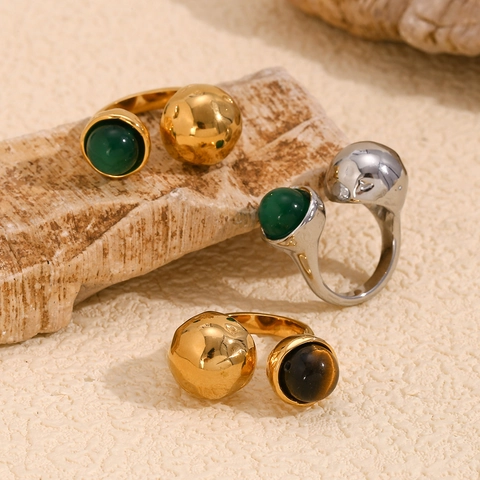 Retro Geometric Open Ring Stainless Steel 18K Gold Plated Green Agate Tiger Eye Stone Hammered Texture Jewelry For Women