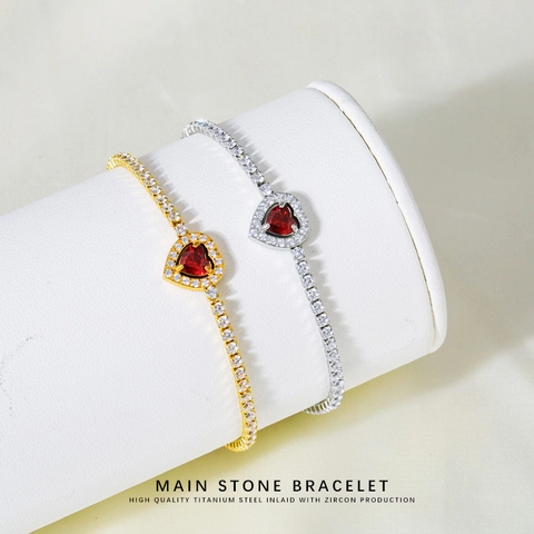 Herz Zirkon Tennis Armband Titan Stahl Verstellbar Roter Edelstein Eleganter Luxus Schmuck Für Frauen