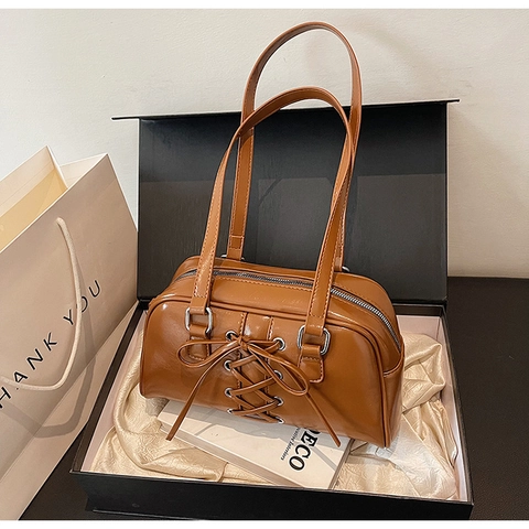Damen Trendy Glänzende PU Umhängetasche Vintage Schnürung Schleife Design Einfache Casual Achselhöhle Tasche Mode Boston Handtasche