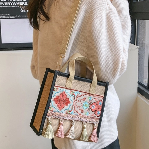 Etnische Stijl Geborduurde Tote Bag Met Kwastjes Linnen Jute Bloemenpatroon Vintage Bohemian Schoudertas Crossbody Handtas