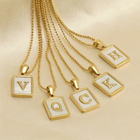 18K Gold Plated Stainless Steel Capital Letter Necklace Square Mother Of Artificial Pearl Pendant Bead Chain Jewelry For Women
