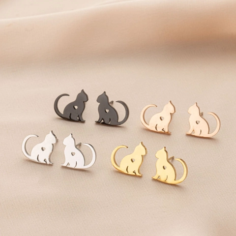 Cute Cat Stud Earrings Stainless Steel Mini Hollow Heart Long Tail Animal Silhouette Jewelry For Women Girls