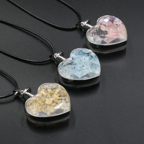 Collar De Colgante Corazón Cristal Natural Piedra Triturada Botella De Deseos Joyería Pulida Con Cordón Negro Mujer