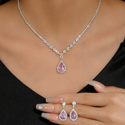 Waterdrop Zircon Jewelry For Women Copper Pear Shape Necklace Earrings Bracelet Ring Elegant Wedding Accessories